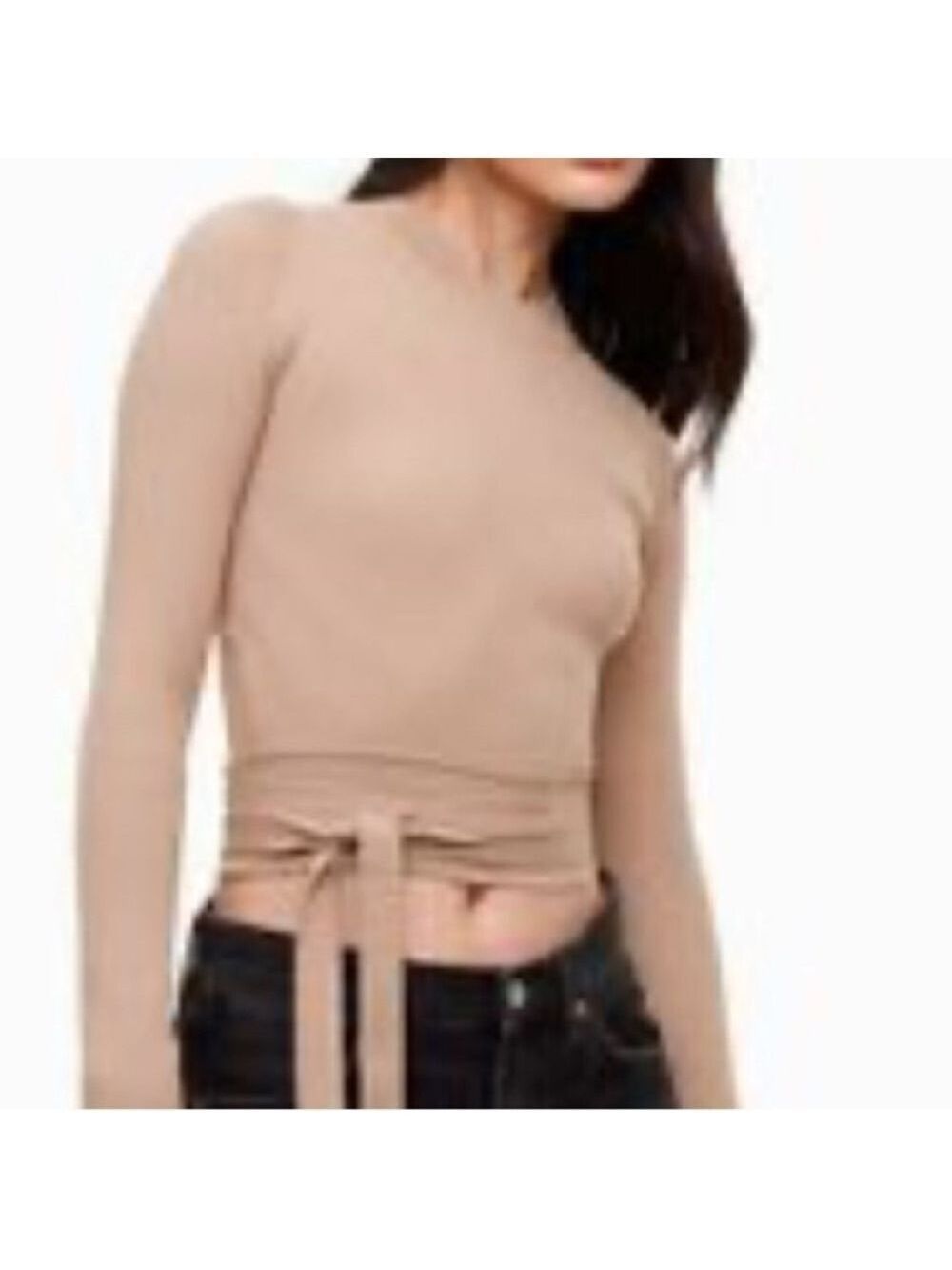 MABLE Mock Neck Wool Mix Lightweight Fitted Cut out Sweater w/Tie at Back, sm/xs